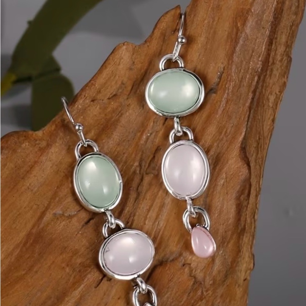 Silver Drop Earrings with Mint Green and Soft Pink Stones - Picture 2 of 3